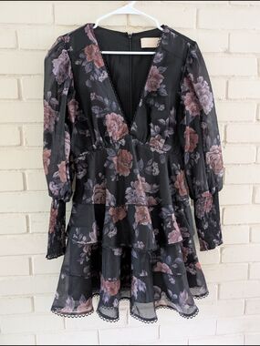 Keepsake M Oblivion Floral Tiered V-Neck Mini Dress Black with Mauve Roses